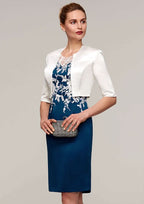 Knee-Length Satin Mother of the Bride Dress with Jacket Appliqued, Sleeveless Bateau Sheath/Column BM bride