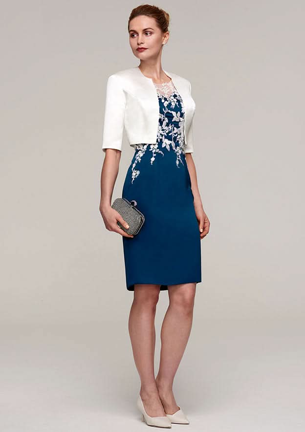 Knee-Length Satin Mother of the Bride Dress with Jacket Appliqued, Sleeveless Bateau Sheath/Column BM bride