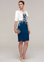 Knee-Length Satin Mother of the Bride Dress with Jacket Appliqued, Sleeveless Bateau Sheath/Column BM bride