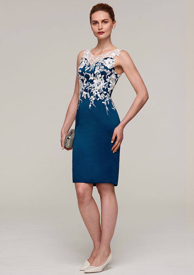 Knee-Length Satin Mother of the Bride Dress with Jacket Appliqued, Sleeveless Bateau Sheath/Column BM bride