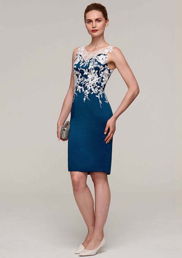 Knee-Length Satin Mother of the Bride Dress with Jacket Appliqued, Sleeveless Bateau Sheath/Column BM bride