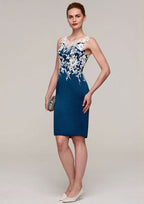 Knee-Length Satin Mother of the Bride Dress with Jacket Appliqued, Sleeveless Bateau Sheath/Column BM bride