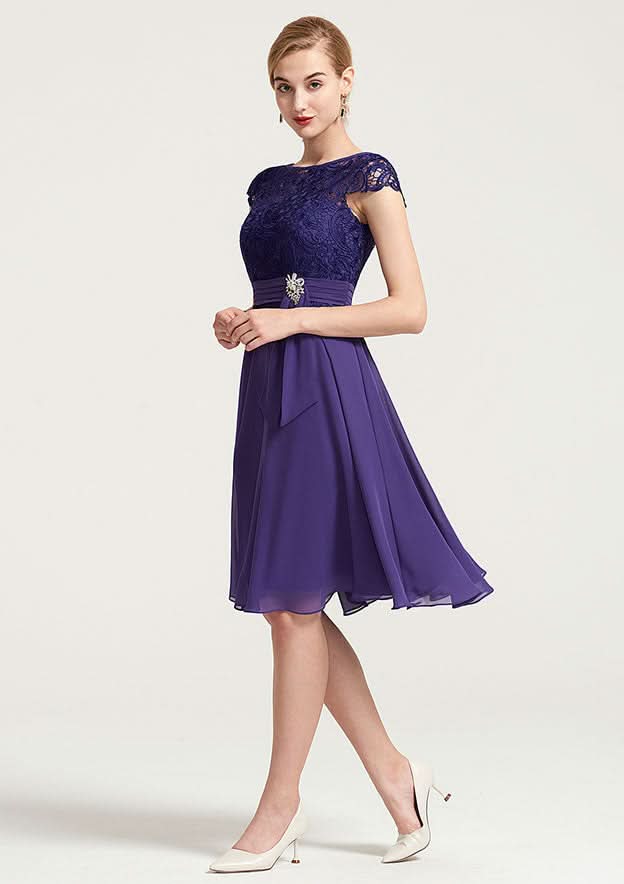 Knee-Length Chiffon Bridesmaid Dress, A-Line/Princess Style, Bateau Neck, Sleeveless, With Rhinestone Appliqued And Sashes BM bride