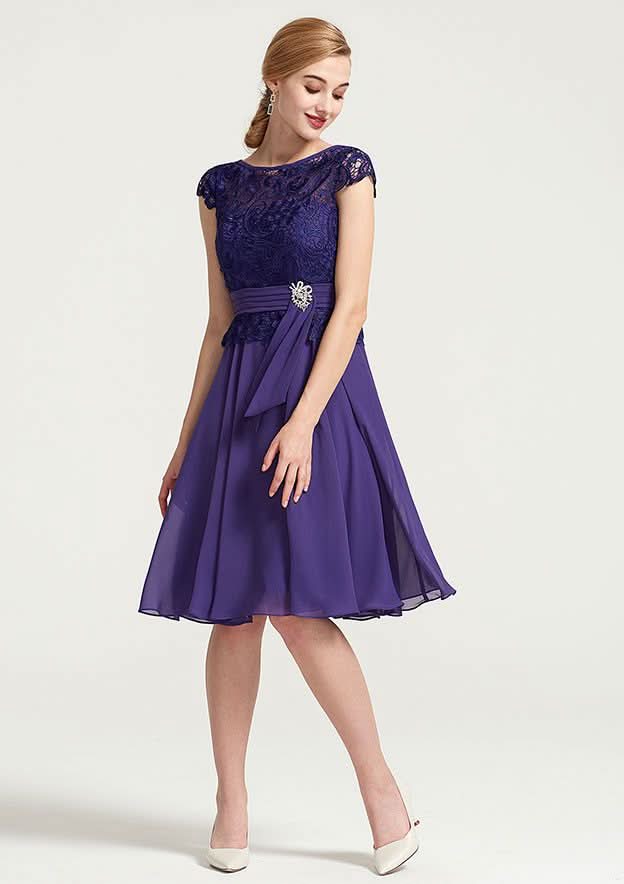 Knee-Length Chiffon Bridesmaid Dress, A-Line/Princess Style, Bateau Neck, Sleeveless, With Rhinestone Appliqued And Sashes BM bride