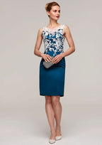 Knee-Length Satin Mother of the Bride Dress with Jacket Appliqued, Sleeveless Bateau Sheath/Column BM bride