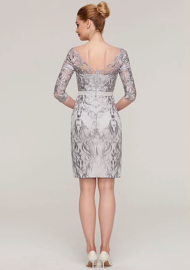 Knee-Length Chiffon Mother of the Bride Dress with Jacket Appliqued Waistband, 3/4 Sleeve V Neck Sheath/Column BM bride