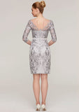 Knee-Length Chiffon Mother of the Bride Dress with Jacket Appliqued Waistband, 3/4 Sleeve V Neck Sheath/Column BM bride