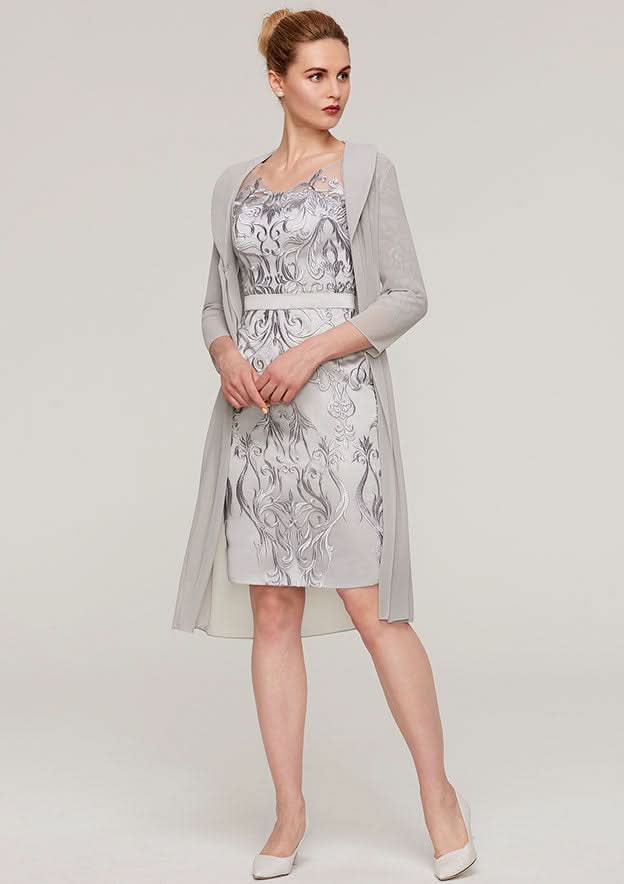 Knee-Length Chiffon Mother of the Bride Dress with Jacket Appliqued Waistband, 3/4 Sleeve V Neck Sheath/Column BM bride