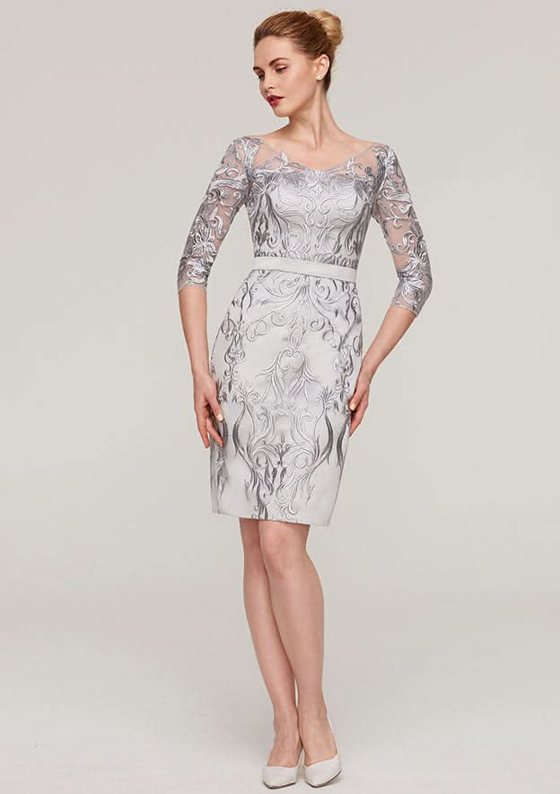 Knee-Length Chiffon Mother of the Bride Dress with Jacket Appliqued Waistband, 3/4 Sleeve V Neck Sheath/Column BM bride