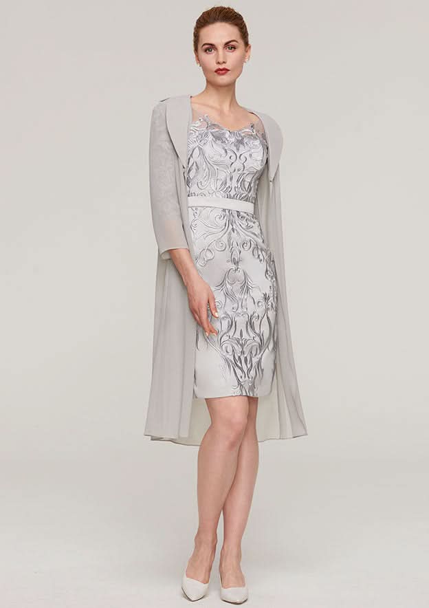 Knee-Length Chiffon Mother of the Bride Dress with Jacket Appliqued Waistband, 3/4 Sleeve V Neck Sheath/Column BM bride