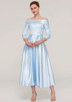 Tea-Length Satin Mother of the Bride Dress with Appliqued Sashes, 3/4 Sleeve Off-the-Shoulder A-line BM bride