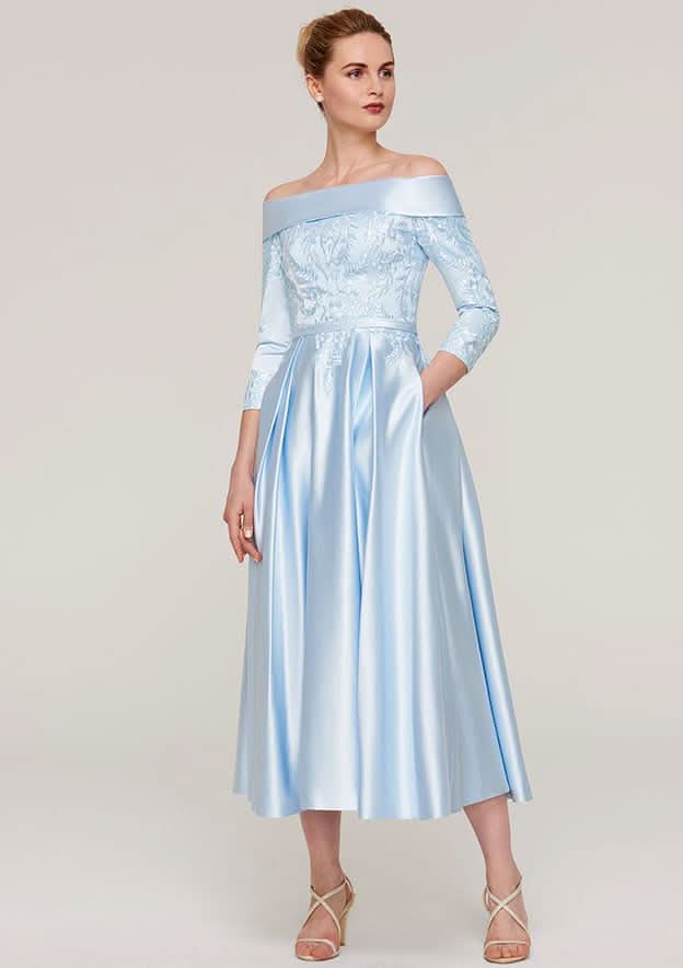 Tea-Length Satin Mother of the Bride Dress with Appliqued Sashes, 3/4 Sleeve Off-the-Shoulder A-line BM bride
