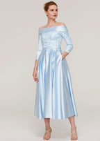 Tea-Length Satin Mother of the Bride Dress with Appliqued Sashes, 3/4 Sleeve Off-the-Shoulder A-line BM bride