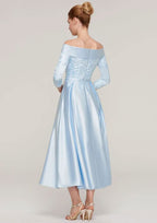 Tea-Length Satin Mother of the Bride Dress with Appliqued Sashes, 3/4 Sleeve Off-the-Shoulder A-line BM bride