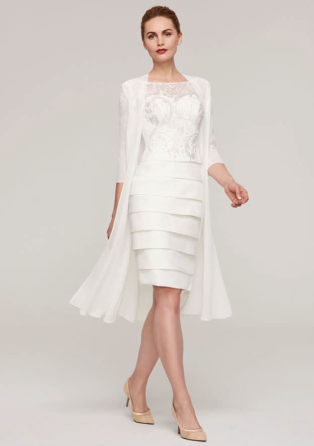Knee-Length Elastic Satin Mother of the Bride Dress with Jacket Appliqued Pleated, 3/4 Sleeve Bateau Sheath/Column BM bride