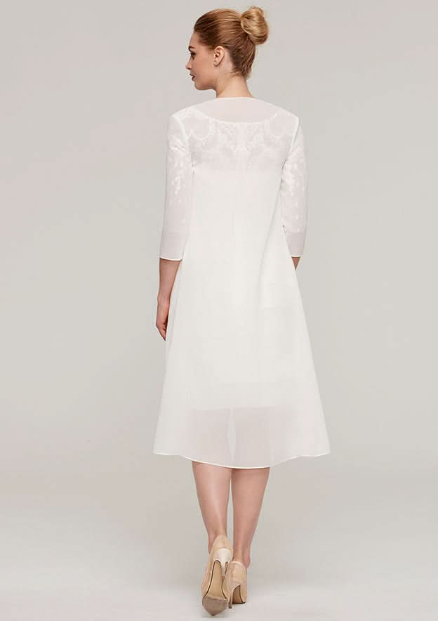 Knee-Length Elastic Satin Mother of the Bride Dress with Jacket Appliqued Pleated, 3/4 Sleeve Bateau Sheath/Column BM bride