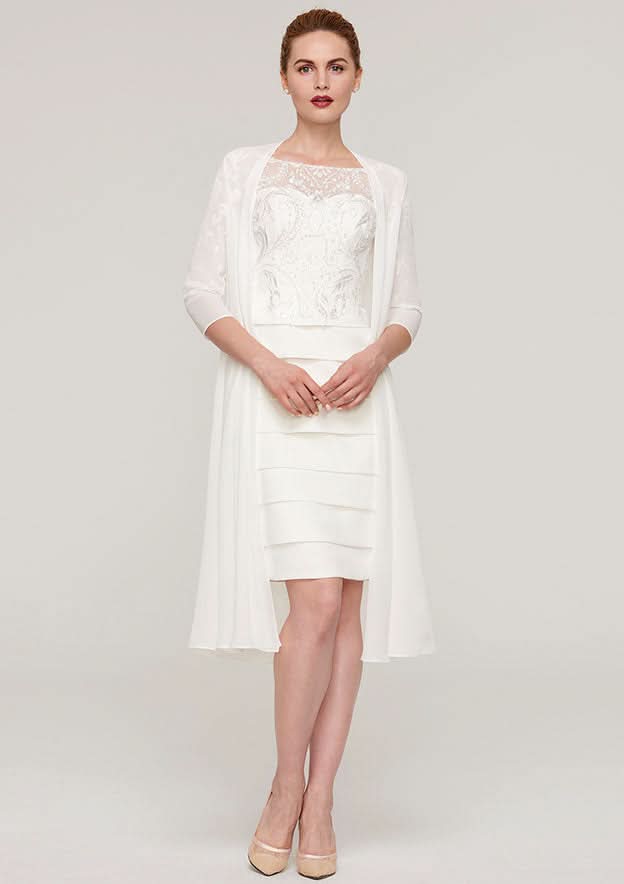 Knee-Length Elastic Satin Mother of the Bride Dress with Jacket Appliqued Pleated, 3/4 Sleeve Bateau Sheath/Column BM bride