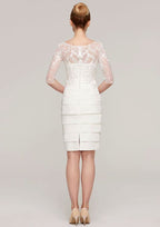 Knee-Length Elastic Satin Mother of the Bride Dress with Jacket Appliqued Pleated, 3/4 Sleeve Bateau Sheath/Column BM bride