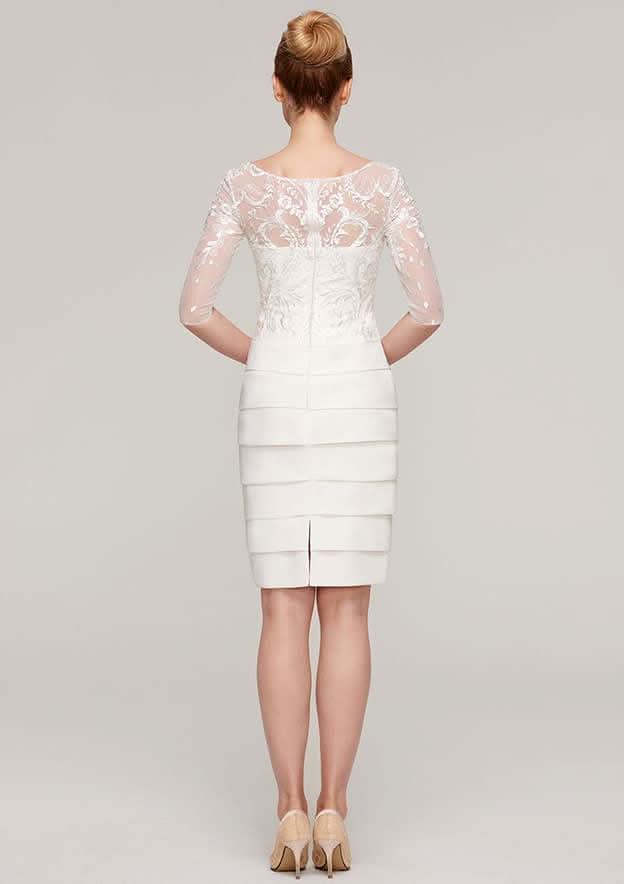 Knee-Length Elastic Satin Mother of the Bride Dress with Jacket Appliqued Pleated, 3/4 Sleeve Bateau Sheath/Column BM bride