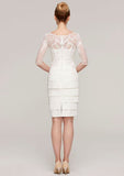 Knee-Length Elastic Satin Mother of the Bride Dress with Jacket Appliqued Pleated, 3/4 Sleeve Bateau Sheath/Column BM bride