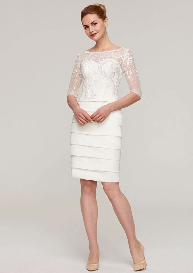 Knee-Length Elastic Satin Mother of the Bride Dress with Jacket Appliqued Pleated, 3/4 Sleeve Bateau Sheath/Column BM bride