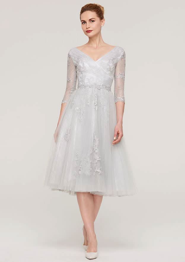 Tea-Length Tulle Mother of the Bride Dress with Waistband Appliqued Lace, 3/4 Sleeve V Neck A-line BM bride