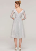 Tea-Length Tulle Mother of the Bride Dress with Waistband Appliqued Lace, 3/4 Sleeve V Neck A-line BM bride