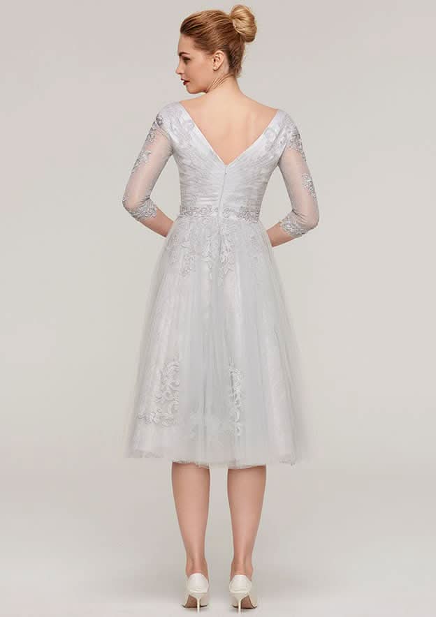 Tea-Length Tulle Mother of the Bride Dress with Waistband Appliqued Lace, 3/4 Sleeve V Neck A-line BM bride