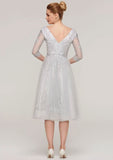 Tea-Length Tulle Mother of the Bride Dress with Waistband Appliqued Lace, 3/4 Sleeve V Neck A-line BM bride