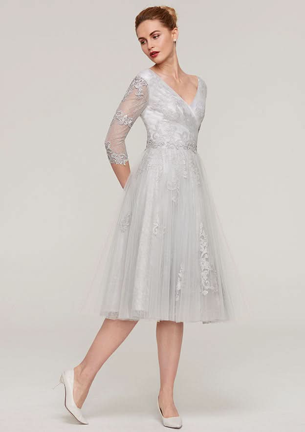 Tea-Length Tulle Mother of the Bride Dress with Waistband Appliqued Lace, 3/4 Sleeve V Neck A-line BM bride