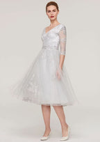 Tea-Length Tulle Mother of the Bride Dress with Waistband Appliqued Lace, 3/4 Sleeve V Neck A-line BM bride