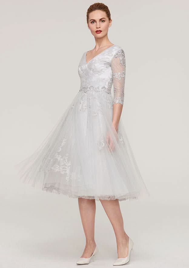 Tea-Length Tulle Mother of the Bride Dress with Waistband Appliqued Lace, 3/4 Sleeve V Neck A-line BM bride