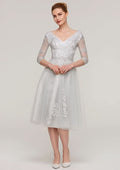 Tea-Length Tulle Mother of the Bride Dress with Waistband Appliqued Lace, 3/4 Sleeve V Neck A-line BM bride