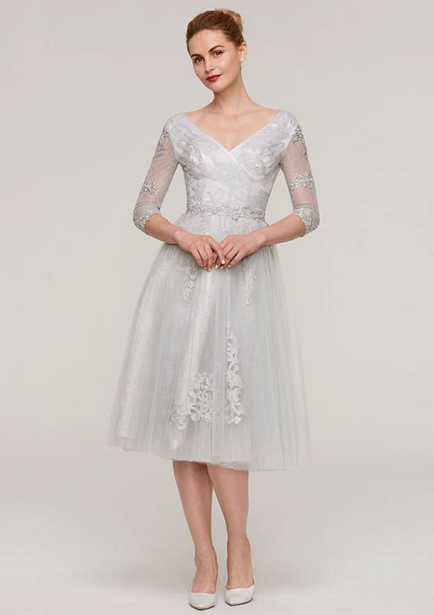 Tea-Length Tulle Mother of the Bride Dress with Waistband Appliqued Lace, 3/4 Sleeve V Neck A-line BM bride