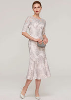 Tea-Length Lace Mother of the Bride Dress with Appliqued, Half Sleeve Bateau Sheath/Column BM bride