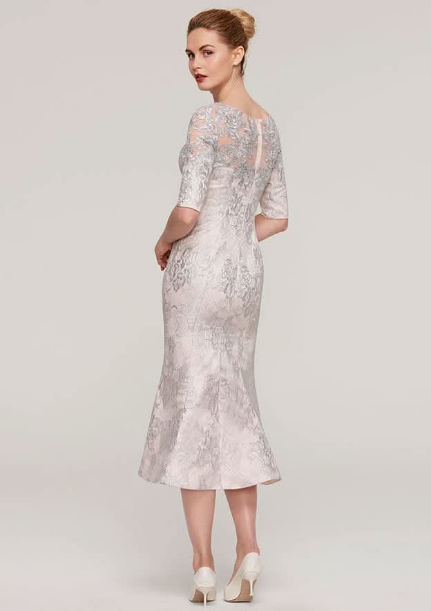 Tea-Length Lace Mother of the Bride Dress with Appliqued, Half Sleeve Bateau Sheath/Column BM bride