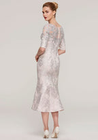 Tea-Length Lace Mother of the Bride Dress with Appliqued, Half Sleeve Bateau Sheath/Column BM bride