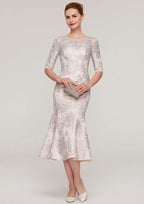 Tea-Length Lace Mother of the Bride Dress with Appliqued, Half Sleeve Bateau Sheath/Column BM bride