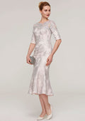 Tea-Length Lace Mother of the Bride Dress with Appliqued, Half Sleeve Bateau Sheath/Column BM bride