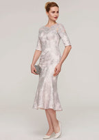 Tea-Length Lace Mother of the Bride Dress with Appliqued, Half Sleeve Bateau Sheath/Column BM bride