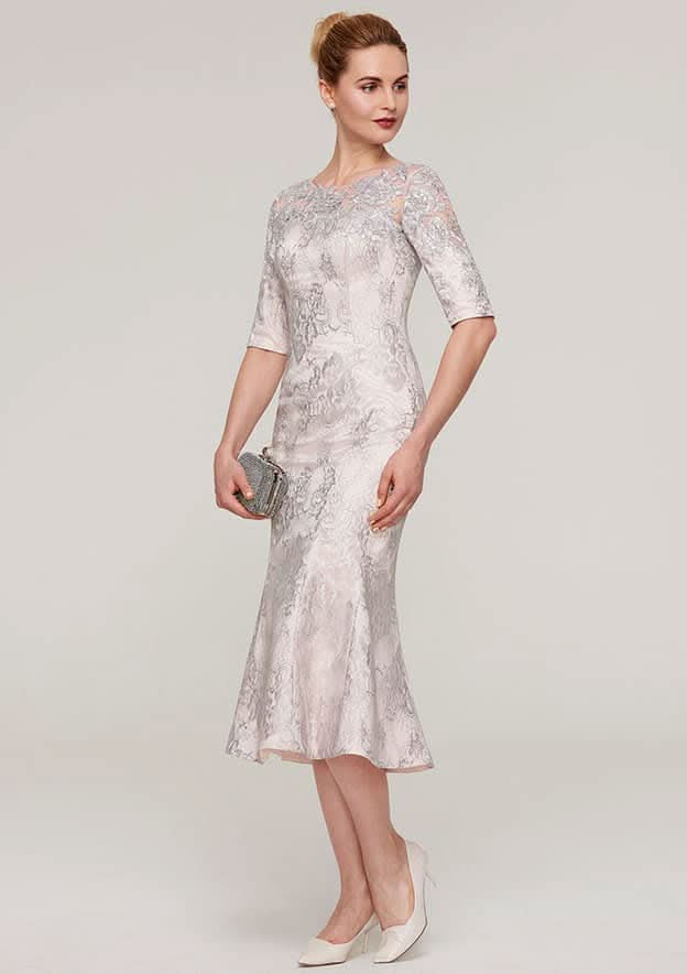 Tea-Length Lace Mother of the Bride Dress with Appliqued, Half Sleeve Bateau Sheath/Column BM bride