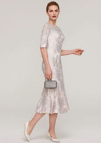 Tea-Length Lace Mother of the Bride Dress with Appliqued, Half Sleeve Bateau Sheath/Column BM bride