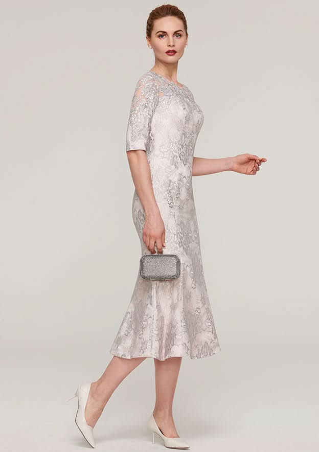 Tea-Length Lace Mother of the Bride Dress with Appliqued, Half Sleeve Bateau Sheath/Column BM bride