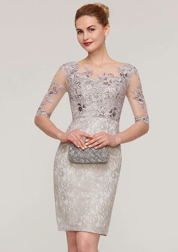 Knee-Length Lace Mother of the Bride Dress with Sequins Appliqued, Half Sleeve Bateau Sheath/Column BM bride