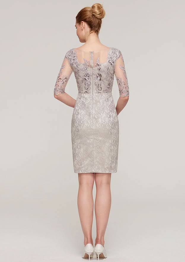 Knee-Length Lace Mother of the Bride Dress with Sequins Appliqued, Half Sleeve Bateau Sheath/Column BM bride