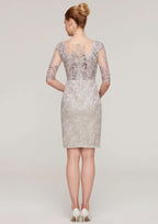 Knee-Length Lace Mother of the Bride Dress with Sequins Appliqued, Half Sleeve Bateau Sheath/Column BM bride
