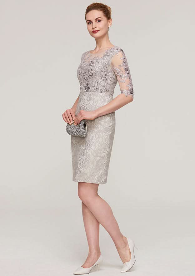 Knee-Length Lace Mother of the Bride Dress with Sequins Appliqued, Half Sleeve Bateau Sheath/Column BM bride