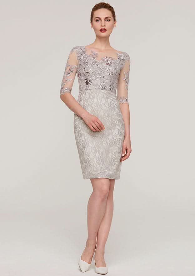 Knee-Length Lace Mother of the Bride Dress with Sequins Appliqued, Half Sleeve Bateau Sheath/Column BM bride