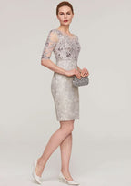 Knee-Length Lace Mother of the Bride Dress with Sequins Appliqued, Half Sleeve Bateau Sheath/Column BM bride
