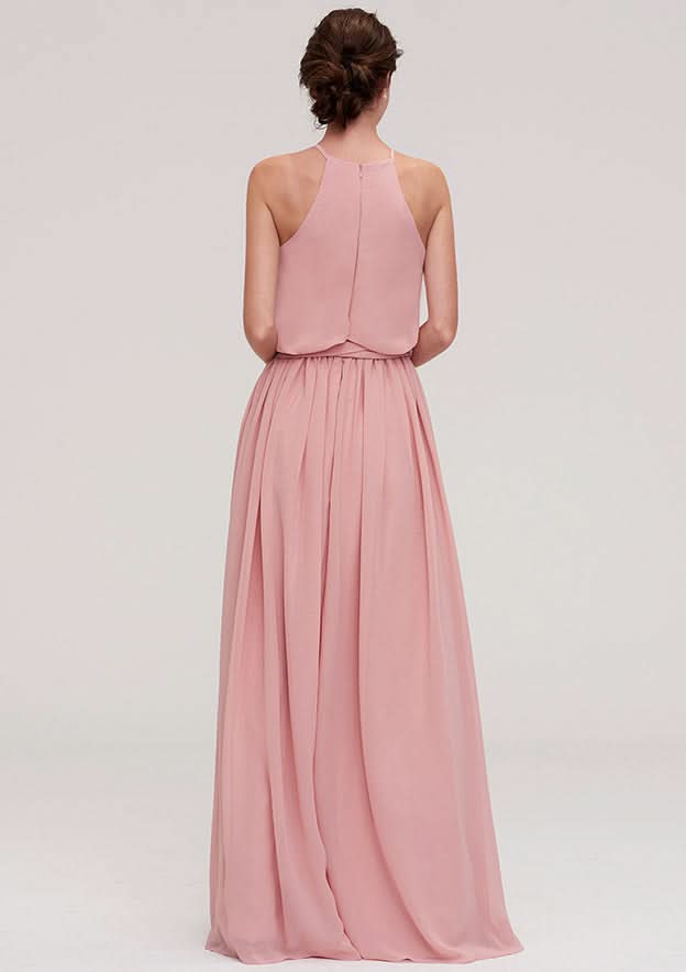 Floor-Length Chiffon Bridesmaid Dress, A-Line/Princess Shape, Sweetheart Neck, Sleeveless, With Split And Pleats BM bride
